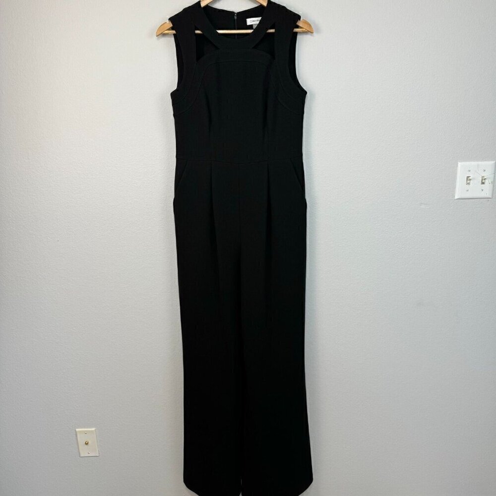 Calvin Klein Women's Sleeveless Cutout Neckline Jumpsuit Pockets Black Size 10